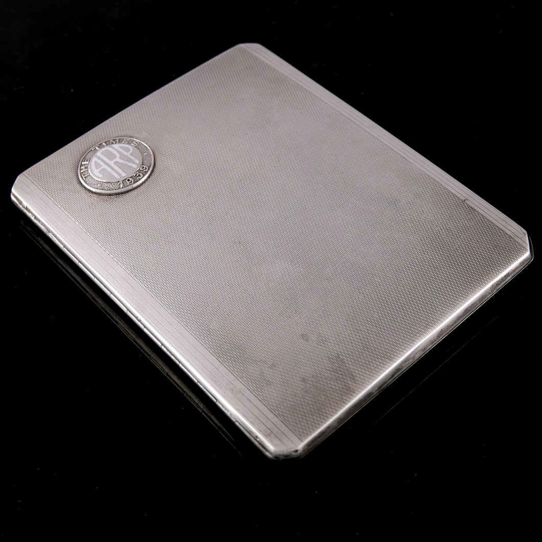 The London Times - A Second World War Silver Cigarette Case Applied With Newspaper’s ARP. Warden’s Badge, 1939