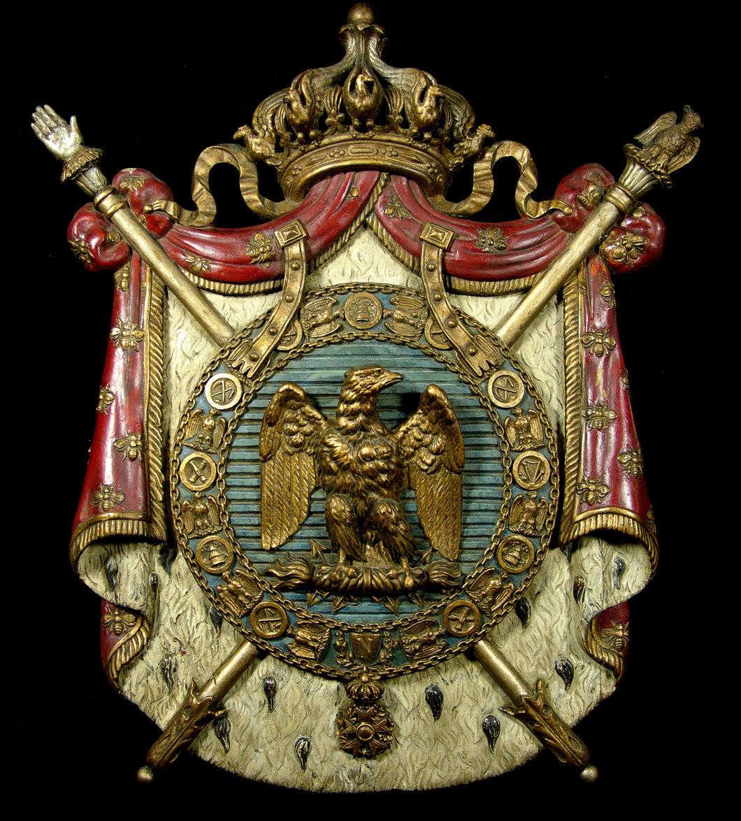 A 19th Century Polychrome and Gilt Wood Napoleonic Coat of Arms, Second Empire (1852-70)